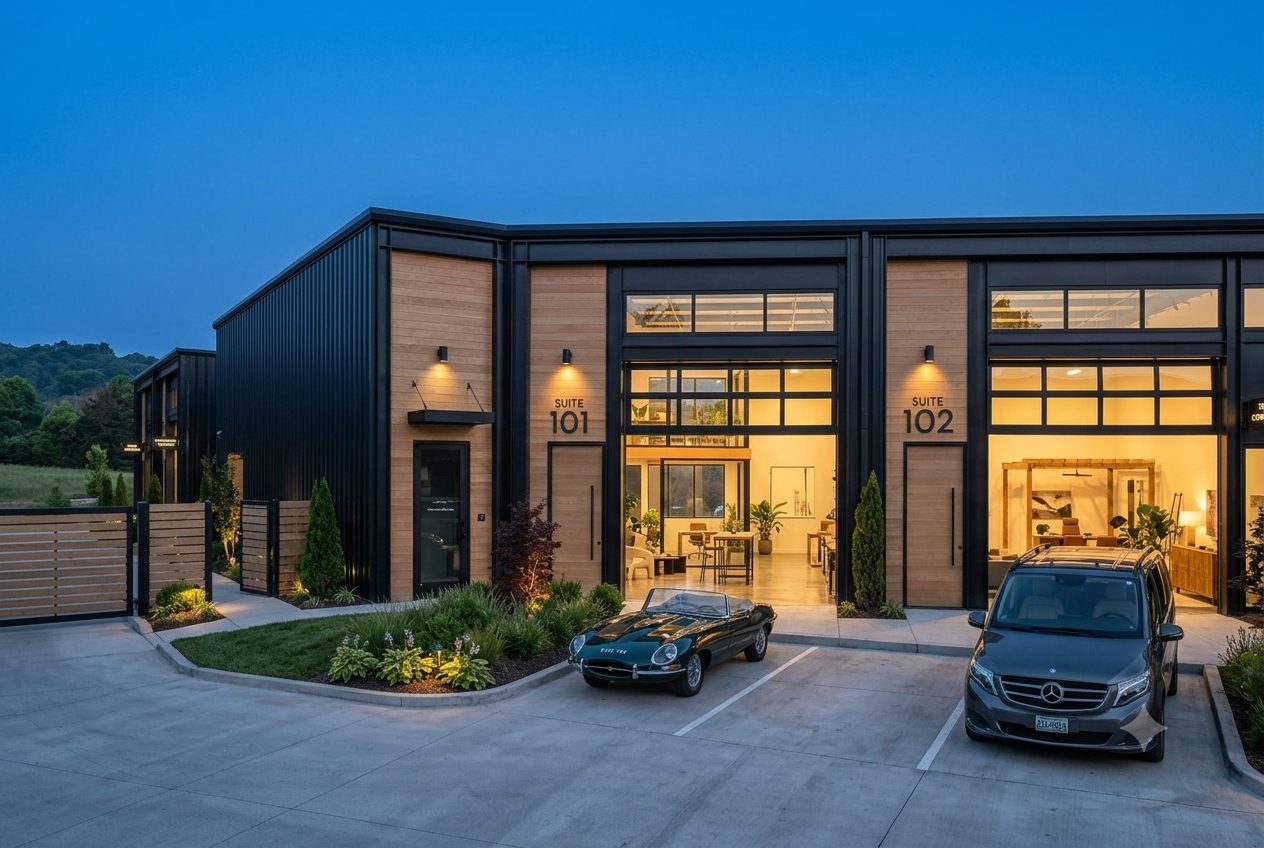 Owner suites at dusk with roll-up doors