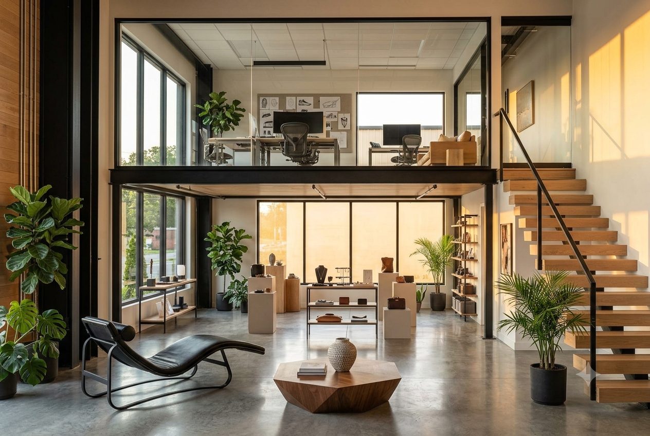 Studio and mezzanine office flex suite